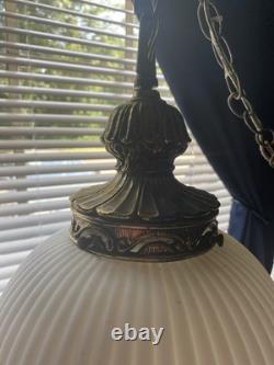 Vintage Ribbed White Glass Globe Shade Floral Band Pull Chain, Hanging