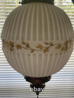 Vintage Ribbed White Glass Globe Shade Floral Band Pull Chain, Hanging