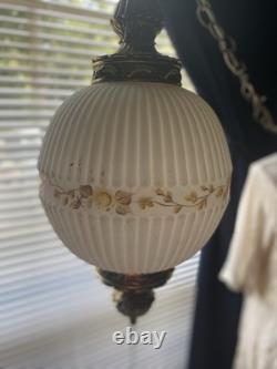 Vintage Ribbed White Glass Globe Shade Floral Band Pull Chain, Hanging