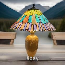 Vintage Roseville Pottery 23 Table Lamp With Colorful Stained Glass Shade