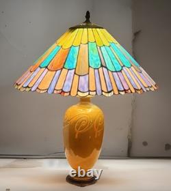 Vintage Roseville Pottery 23 Table Lamp With Colorful Stained Glass Shade