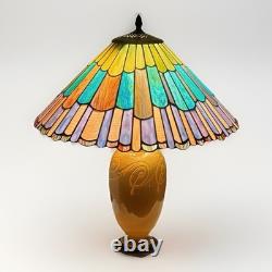 Vintage Roseville Pottery 23 Table Lamp With Colorful Stained Glass Shade