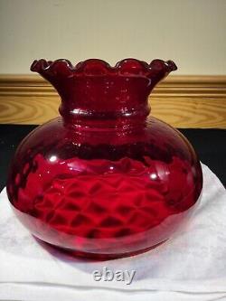 Vintage Ruby Red Diamond Optic Student Lamp Shade Ruffled Glass 7 Fitter