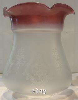 Vintage Satin Etched Globe Cranberry Ruffle Top Oil Lamp Tulip Shade 3 Fitter