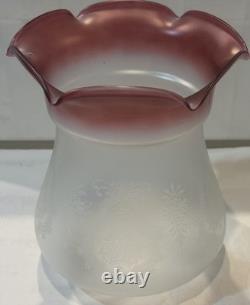 Vintage Satin Etched Globe Cranberry Ruffle Top Oil Lamp Tulip Shade 3 Fitter
