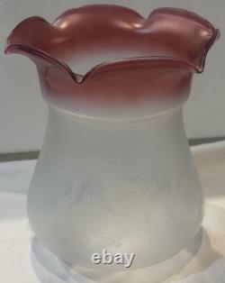 Vintage Satin Etched Globe Cranberry Ruffle Top Oil Lamp Tulip Shade 3 Fitter
