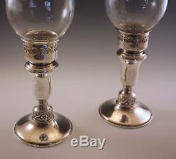 Vintage Schweitzer Sterling Silver Weighted Pair Of Hurricane Lamps, Glass Shade
