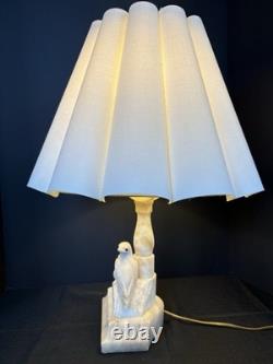 Vintage Sculptured Italian Alabaster Table Lamp withBirds-Vertical Scalloped Shade
