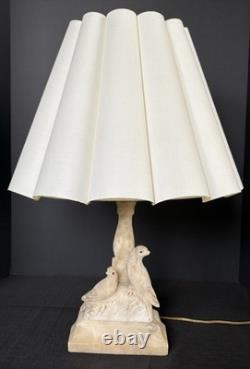 Vintage Sculptured Italian Alabaster Table Lamp withBirds-Vertical Scalloped Shade