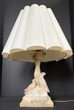 Vintage Sculptured Italian Alabaster Table Lamp withBirds-Vertical Scalloped Shade