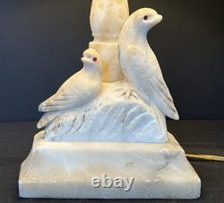 Vintage Sculptured Italian Alabaster Table Lamp withBirds-Vertical Scalloped Shade