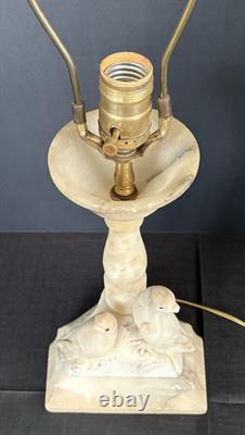 Vintage Sculptured Italian Alabaster Table Lamp withBirds-Vertical Scalloped Shade