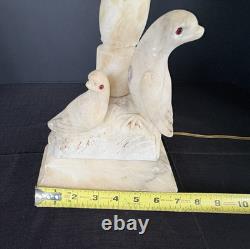 Vintage Sculptured Italian Alabaster Table Lamp withBirds-Vertical Scalloped Shade