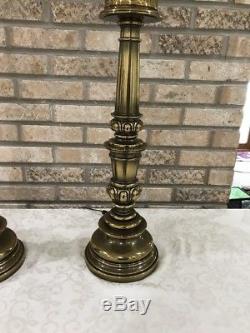 Vintage Set 2 Brass Stiffel Torchiere table lamps with Milk glass Shades 37 1/4