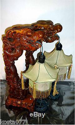 Vintage Set 2 x Chinese Asian Wood Dragon Lamps Lanterns Shades
