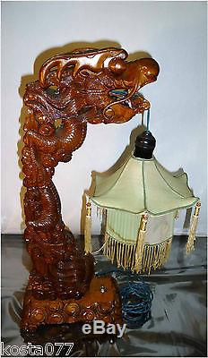 Vintage Set 2 x Chinese Asian Wood Dragon Lamps Lanterns Shades