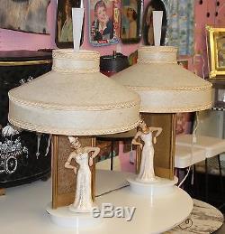 Vintage Set MOSS BALI DANCER SPINNER LAMPS Lucite Parchment Shade Yona Schoop