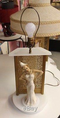 Vintage Set MOSS BALI DANCER SPINNER LAMPS Lucite Parchment Shade Yona Schoop