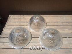 Vintage Set of 3 Clear Ribbed Holophane Glass Round Globe Light Shades Pendants