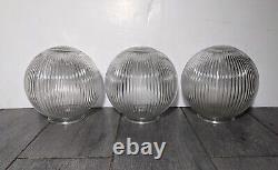 Vintage Set of 3 Clear Ribbed Holophane Glass Round Globe Light Shades Pendants