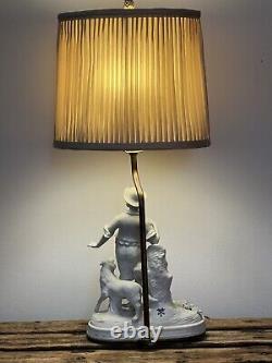 Vintage Signed F. Kessler Porcelain Boy Figure Tabletop Lamp c1950 WithShade