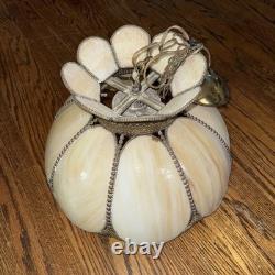 Vintage Slag Glass Tulip Ceiling Light 18 Cream Panels with Ornate Brass Trim