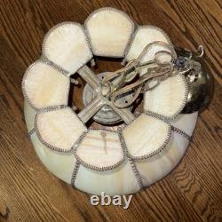 Vintage Slag Glass Tulip Ceiling Light 18 Cream Panels with Ornate Brass Trim