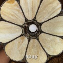 Vintage Slag Glass Tulip Ceiling Light 18 Cream Panels with Ornate Brass Trim