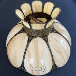 Vintage Slag Glass Tulip Lamp Shade 18 Cream Swirl Panels with Ornate Brass Trim