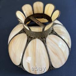 Vintage Slag Glass Tulip Lamp Shade 18 Cream Swirl Panels with Ornate Brass Trim