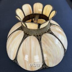 Vintage Slag Glass Tulip Lamp Shade 18 Cream Swirl Panels with Ornate Brass Trim
