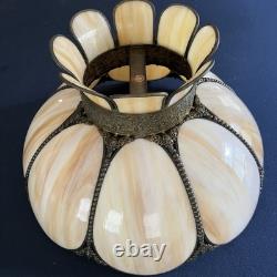 Vintage Slag Glass Tulip Lamp Shade 18 Cream Swirl Panels with Ornate Brass Trim