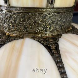 Vintage Slag Glass Tulip Lamp Shade 18 Cream Swirl Panels with Ornate Brass Trim