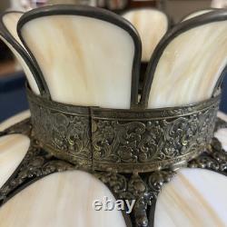 Vintage Slag Glass Tulip Lamp Shade 18 Cream Swirl Panels with Ornate Brass Trim