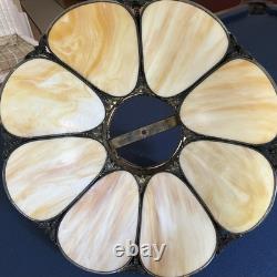Vintage Slag Glass Tulip Lamp Shade 18 Cream Swirl Panels with Ornate Brass Trim