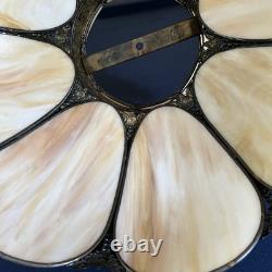 Vintage Slag Glass Tulip Lamp Shade 18 Cream Swirl Panels with Ornate Brass Trim