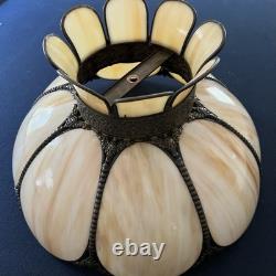 Vintage Slag Glass Tulip Lamp Shade 18 Cream Swirl Panels with Ornate Brass Trim