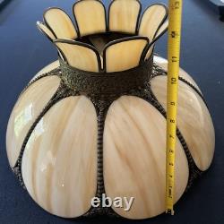 Vintage Slag Glass Tulip Lamp Shade 18 Cream Swirl Panels with Ornate Brass Trim