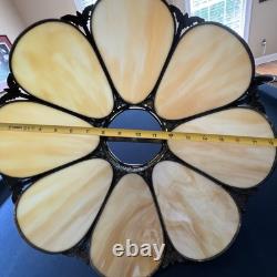 Vintage Slag Glass Tulip Lamp Shade 18 Cream Swirl Panels with Ornate Brass Trim