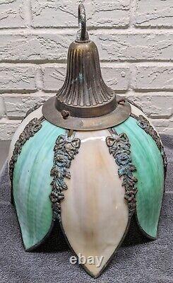 Vintage Slag Glass Tulip Lotus Lamp Shade Green White 8 Eight Panes Panels