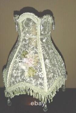Vintage Small Victorian Style Lamp Shade Light Green with Pink Flowers Fringe 6