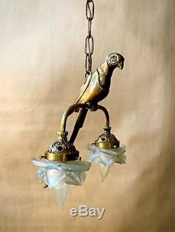 Vintage Solid Brass Parrot Pendant Lamp Chandelier with two flower petal shades