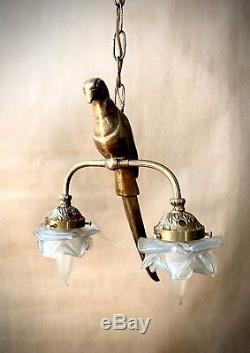 Vintage Solid Brass Parrot Pendant Lamp Chandelier with two flower petal shades