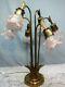 Vintage Solid Brass Table Lamp 6 Arm With Glass Light Pink Flower Shades Globes