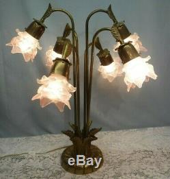 Vintage Solid Brass Table Lamp 6 Arm with Glass Light Pink Flower Shades Globes