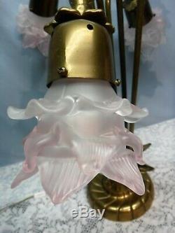 Vintage Solid Brass Table Lamp 6 Arm with Glass Light Pink Flower Shades Globes
