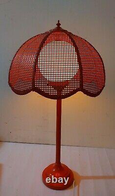 Vintage Space Age Red Enameled Metal Table Lamp Wicker Shade Mid Century Modern