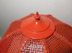 Vintage Space Age Red Enameled Metal Table Lamp Wicker Shade Mid Century Modern