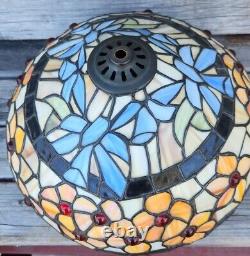 Vintage Stain Glass Lamp Shade Sleg Floral 13.5 inch Wide Tiffany Style Blue