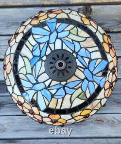 Vintage Stain Glass Lamp Shade Sleg Floral 13.5 inch Wide Tiffany Style Blue